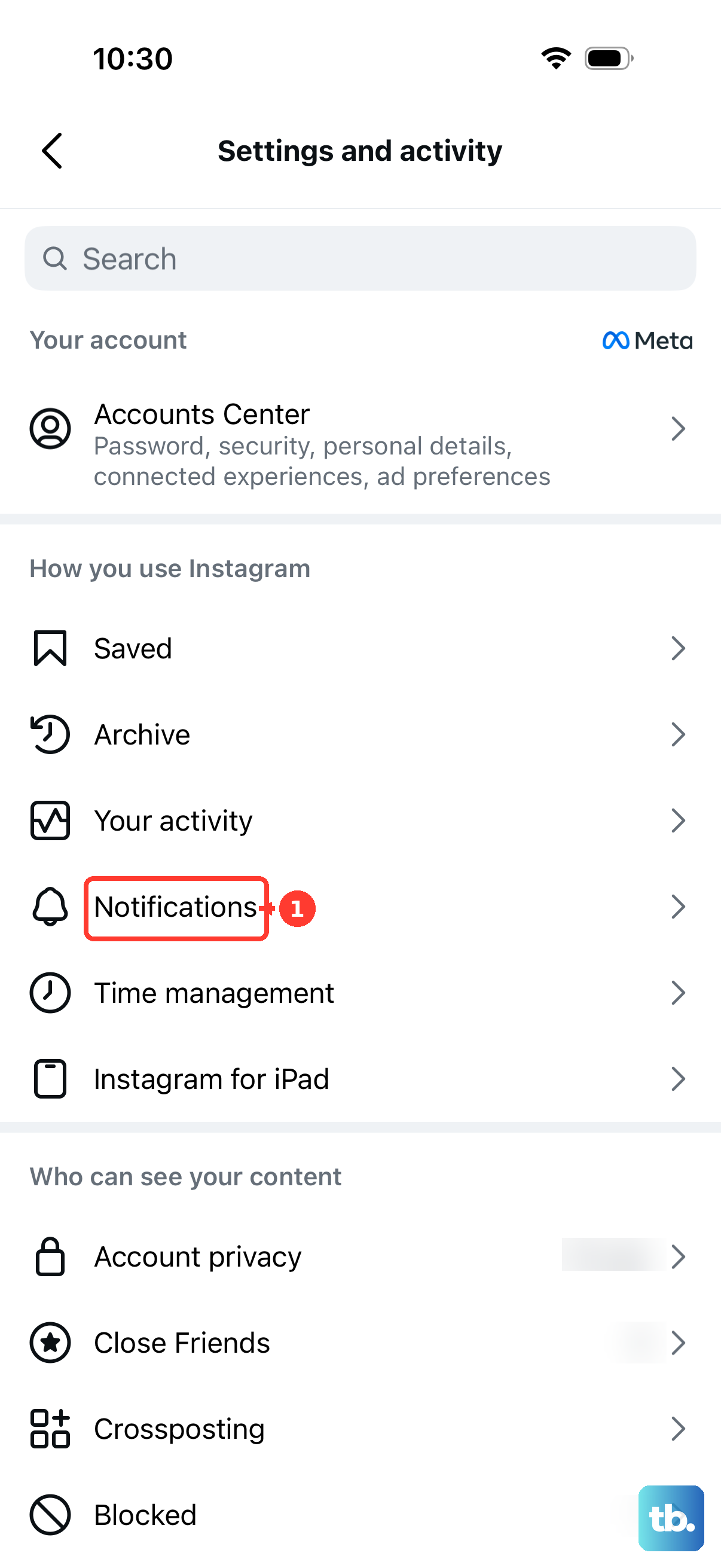 Notifications sits in the Settings and activity list.