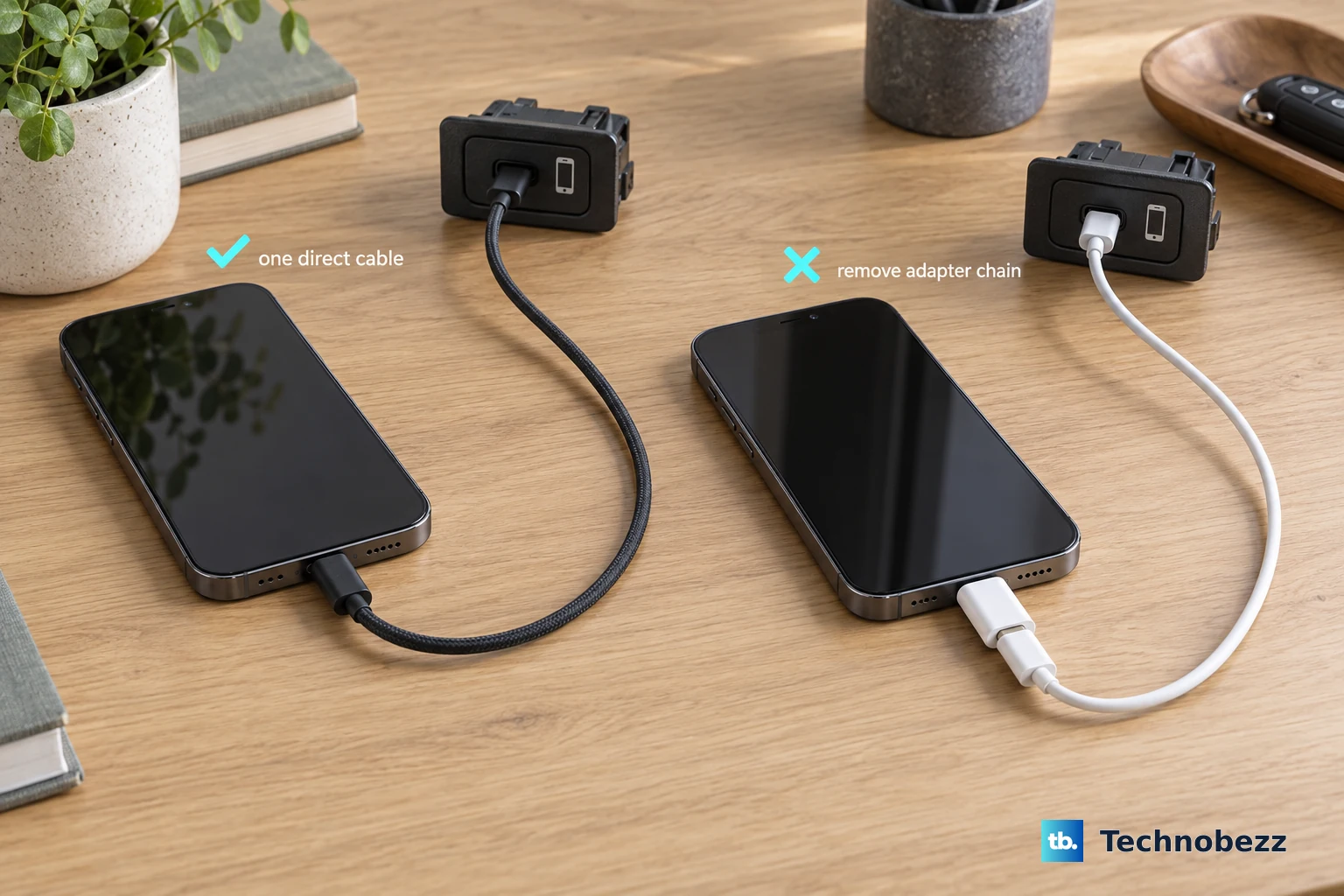 Two side-by-side setups on a desk: on the left, an iPhone connected by one direct USB-C cable to a car-style USB port marked with a CarPlay icon and a green check; on the right, the same iPhone connected through an adapter plus a second cable with a red X and an arrow showing 'remove adapter chain'.
