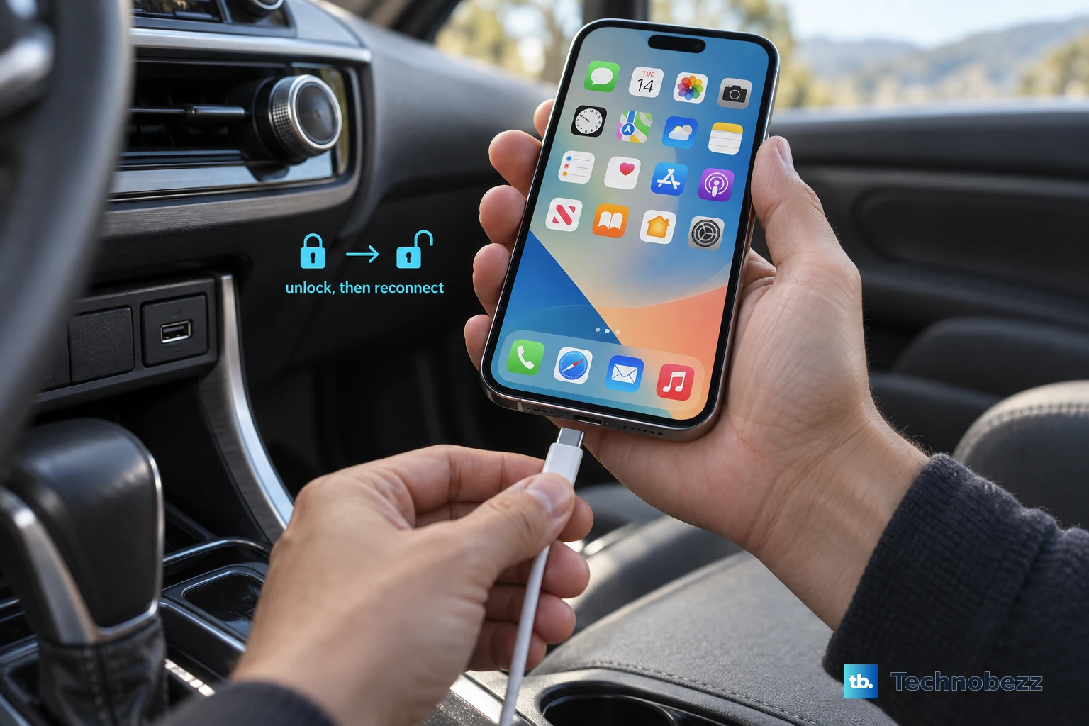 A hand holding an iPhone with a plain unlocked Home Screen next to a car USB port, a USB cable connector approaching the phone port; a small cyan external padlock icon opens beside the phone, with the label 'unlock, then reconnect'.