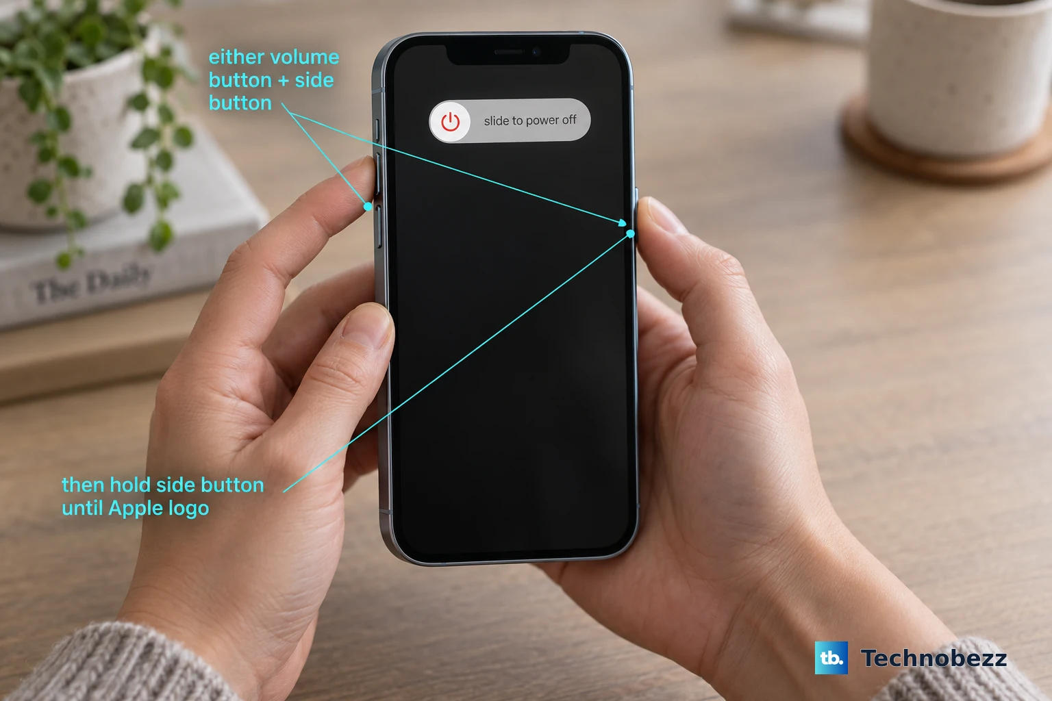 A hand holding a modern iPhone showing the side button and a volume button being pressed together on the phone's left and right edges, with the power-off slider visible on the screen and a cyan annotation 'press and hold either volume button + side button'.