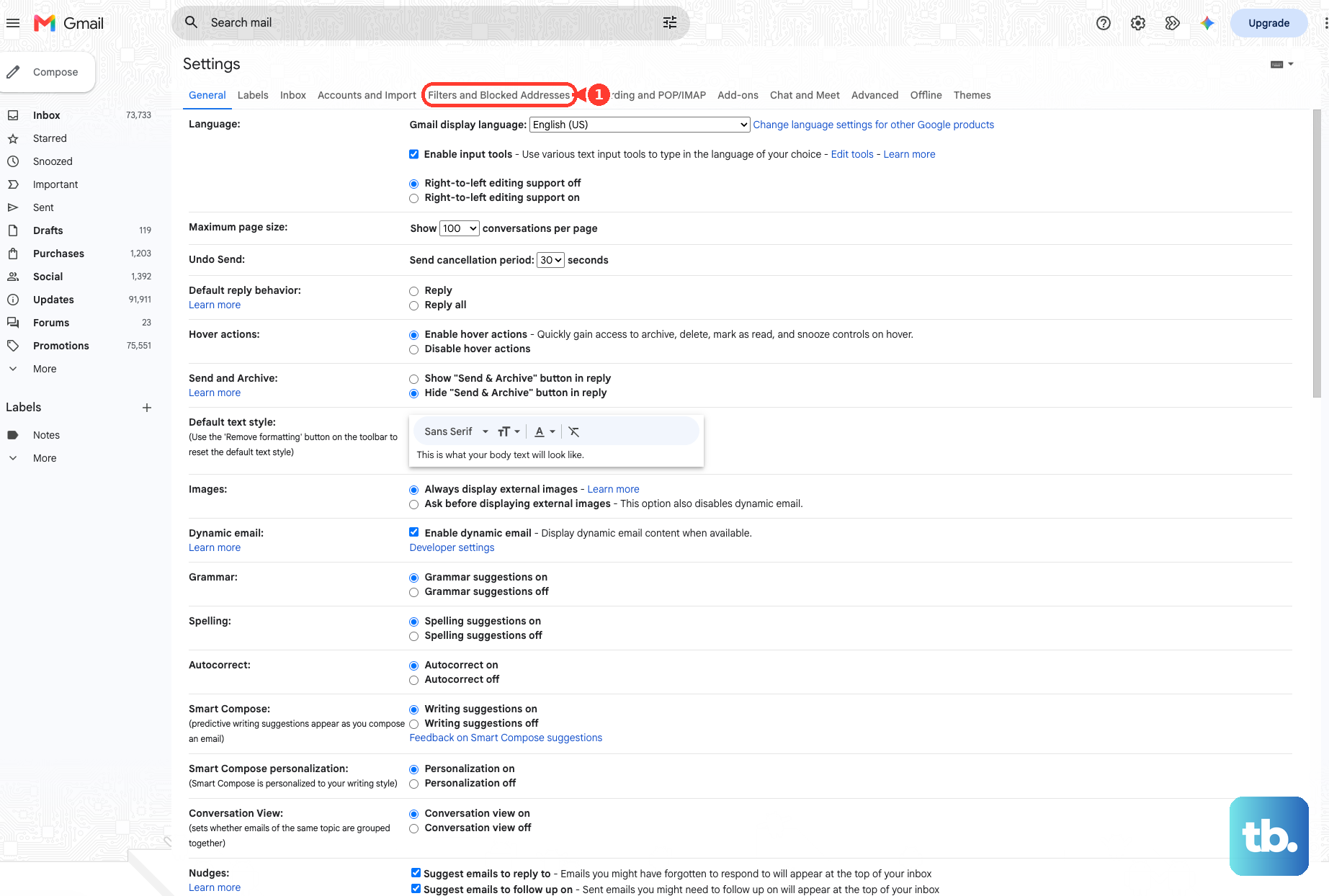 In Gmail Settings, open Filters and Blocked Addresses.