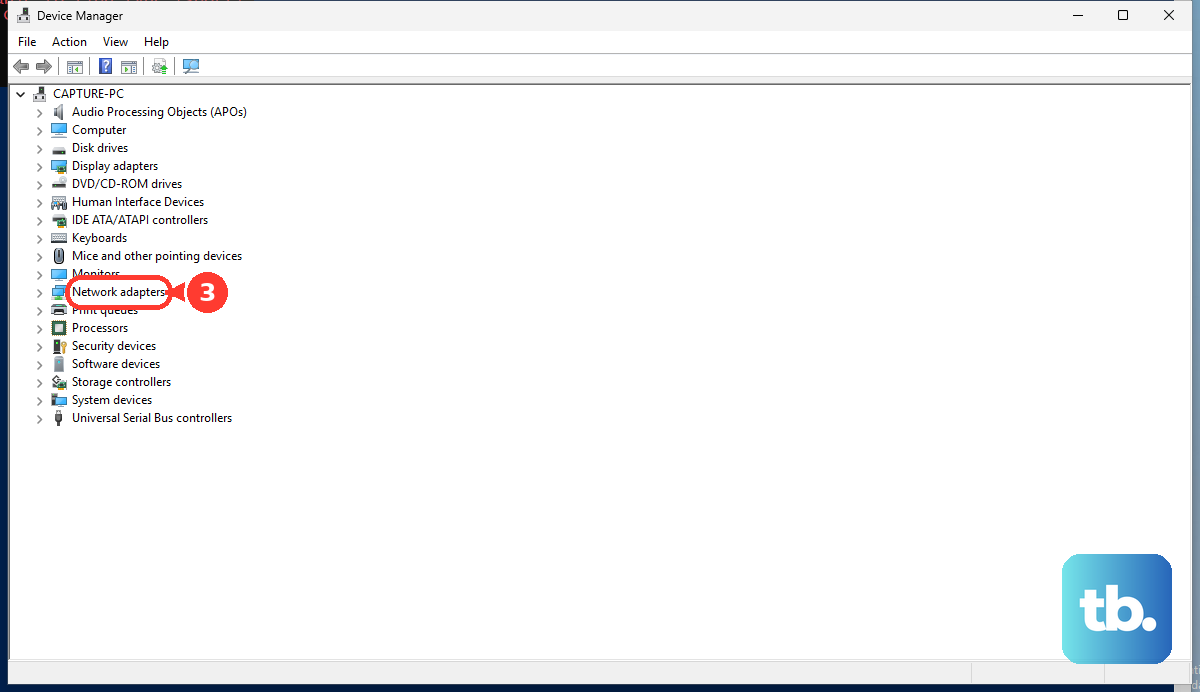 In Device Manager, expand Network adapters before working with a device in that category.