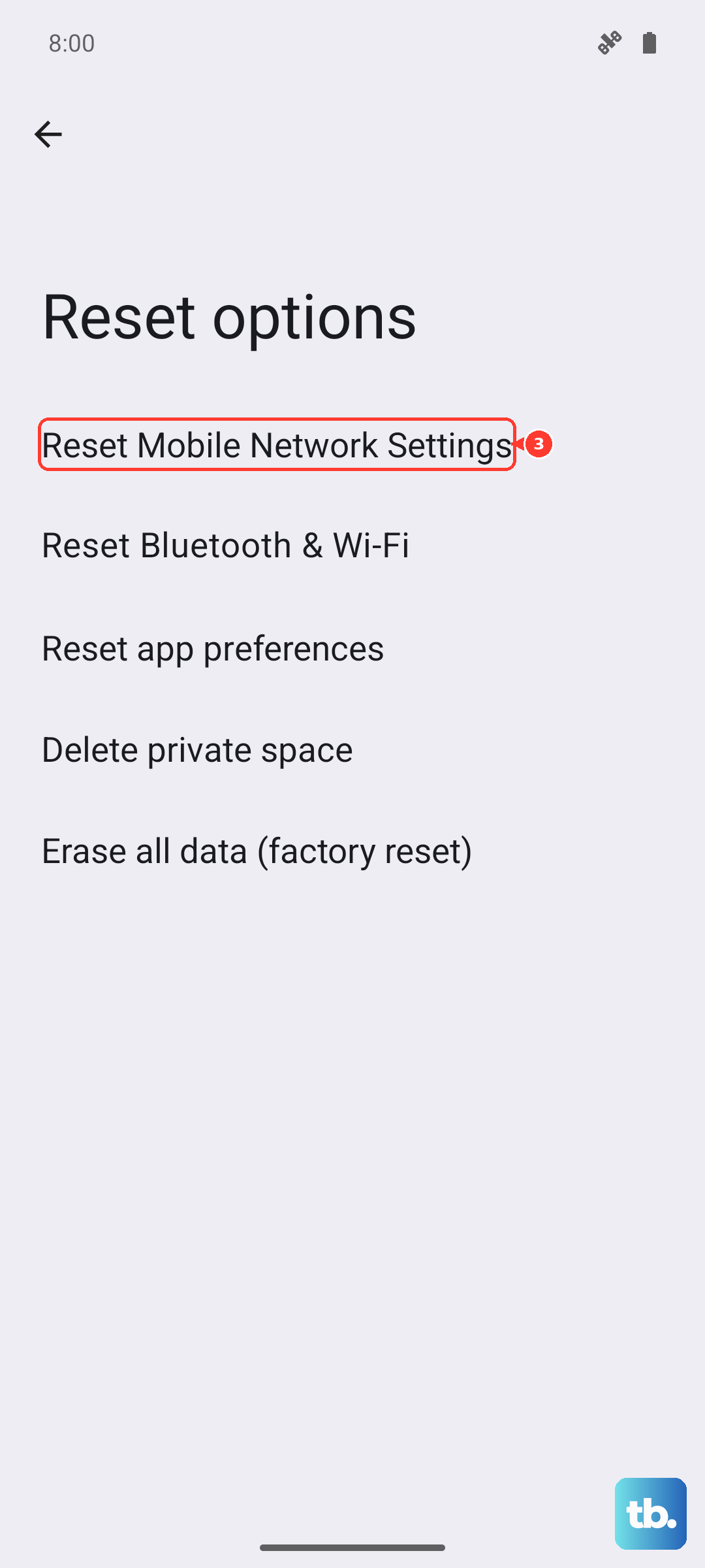 Under Reset options, tap Reset Mobile Network Settings (Android 16, Pixel emulator).