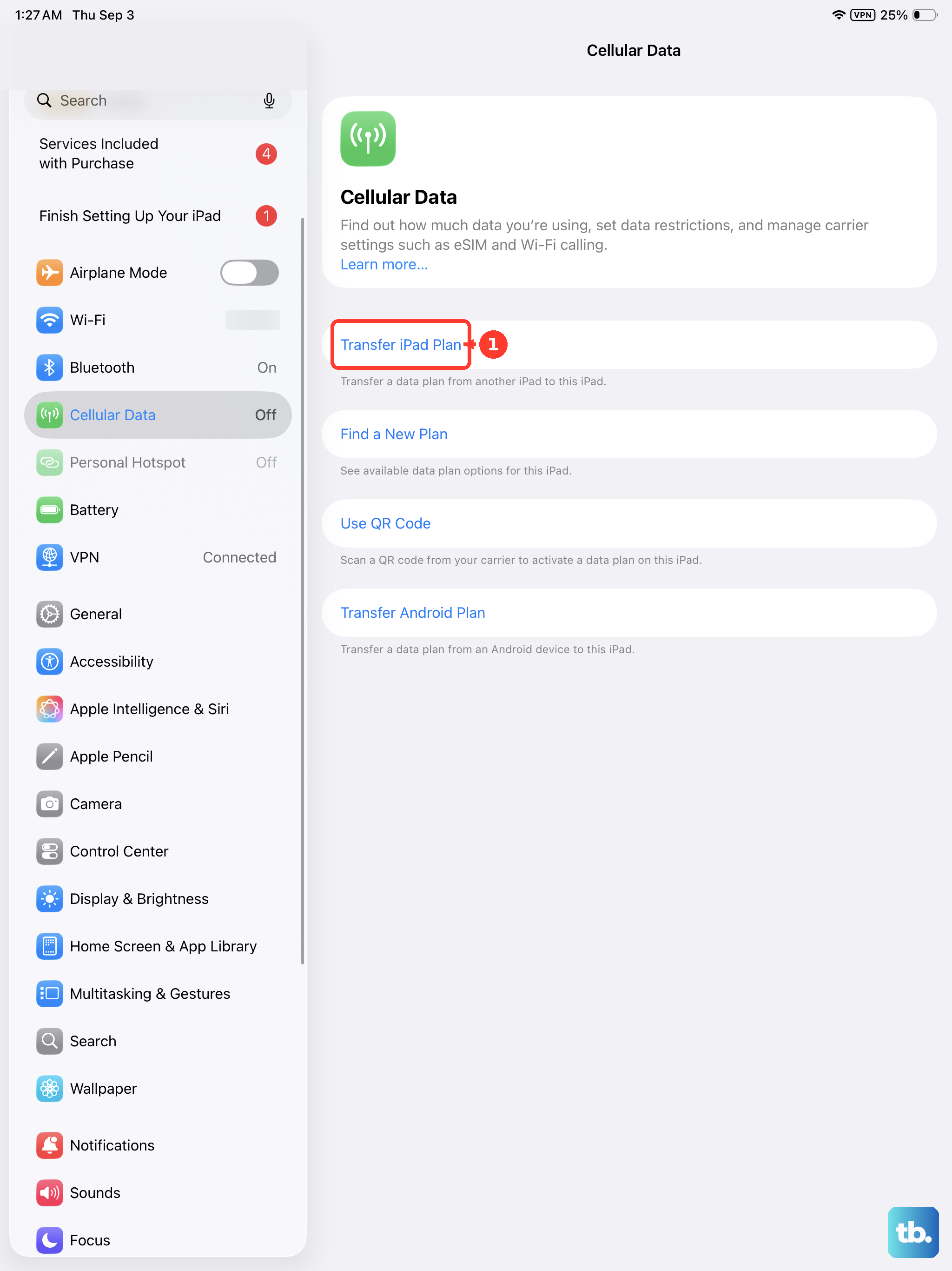 Transfer iPad Plan moves a data plan across from another iPad.