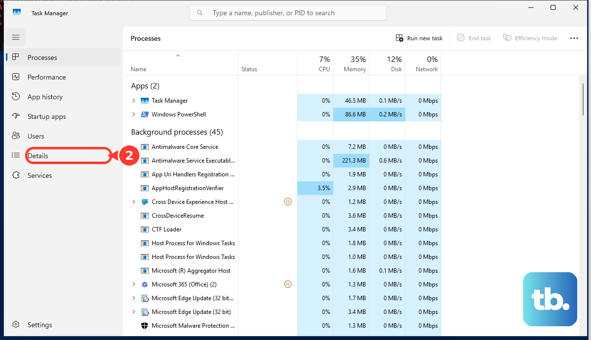 In Task Manager, open Details for the controls described in the article.