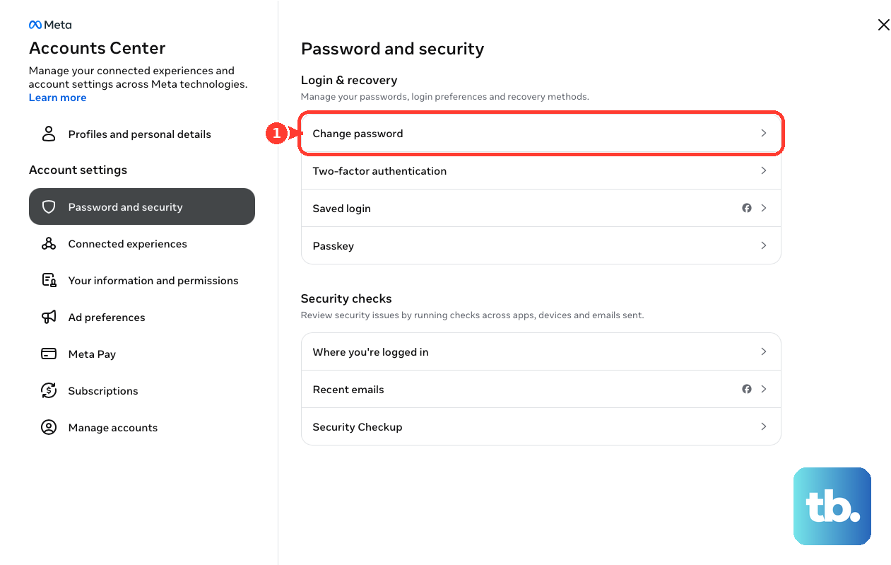 Under Login and recovery in Meta Accounts Center, select Change password.