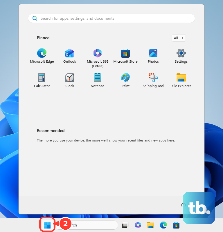Select Start to open the Windows Start menu.