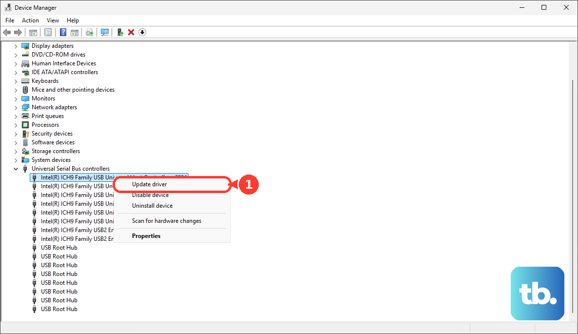 In Device Manager, expand Universal Serial Bus controllers, right-click the device and choose Update driver.