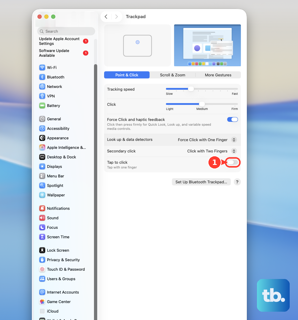 In System Settings > Trackpad > Point & Click, turn on Tap to click.
