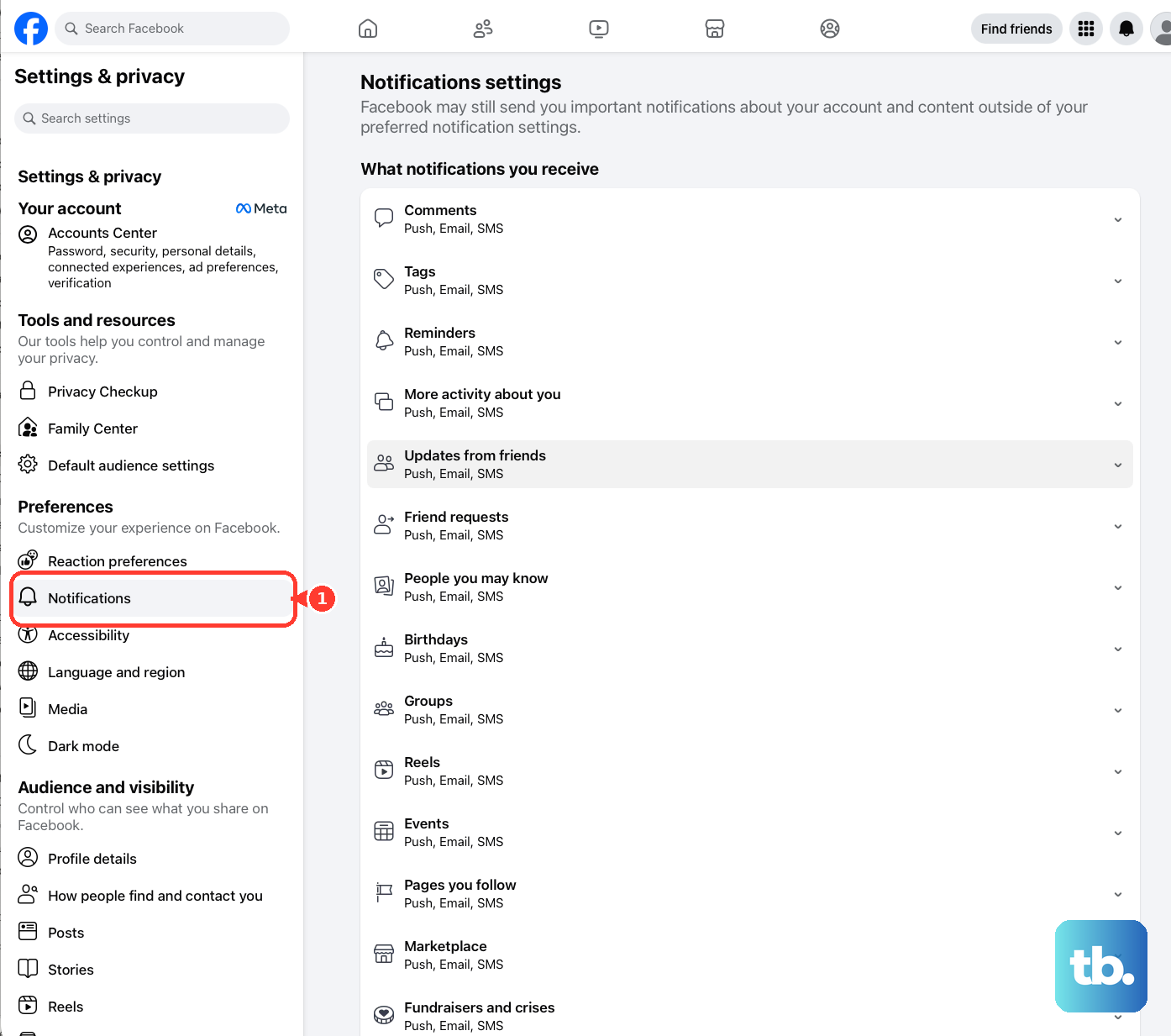 In Facebook desktop Settings and privacy, open Notifications.