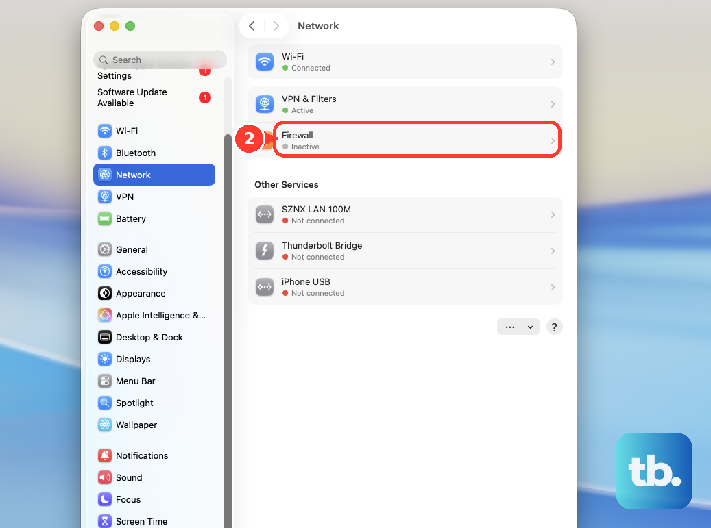 In System Settings > Network, click Firewall.