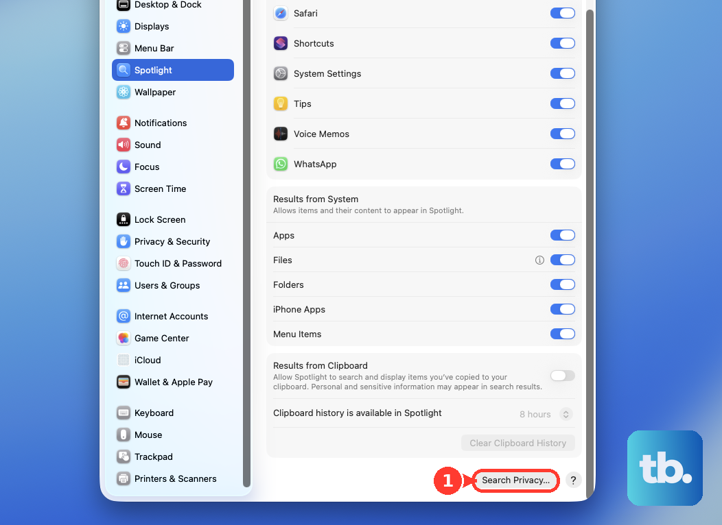 In System Settings > Spotlight, click Search Privacy… at the bottom to add folders or drives that Spotlight should not search.