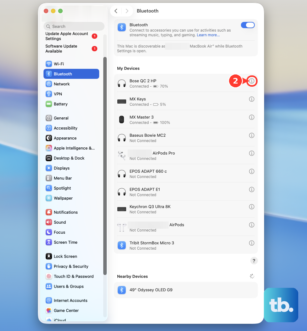 In System Settings > Bluetooth, click the Info button next to the device to open its options, including Forget This Device.