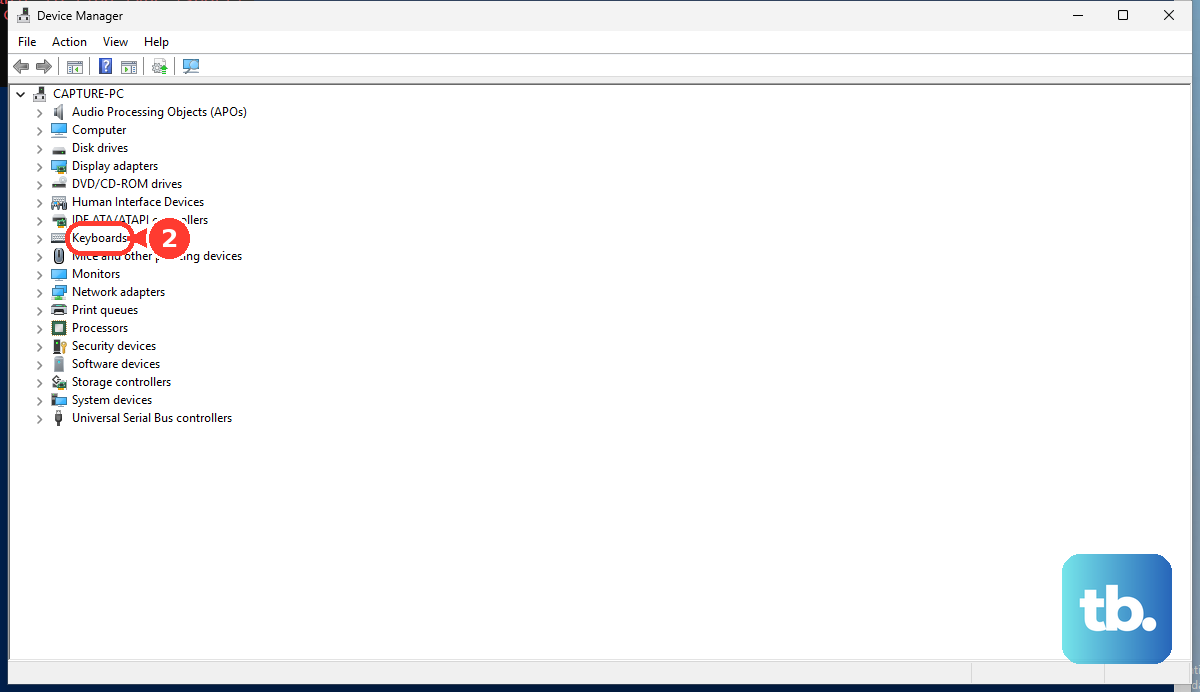 In Device Manager, expand Keyboards before working with a device in that category.