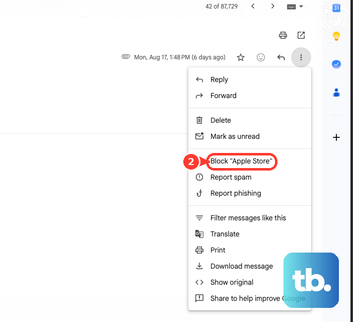 In a Gmail message's More menu, choose Block for the sender.