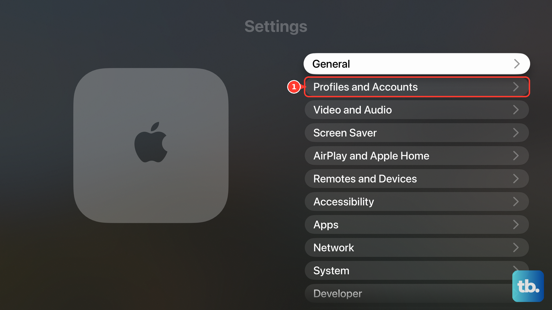 On Apple TV, open Settings and select Profiles and Accounts.