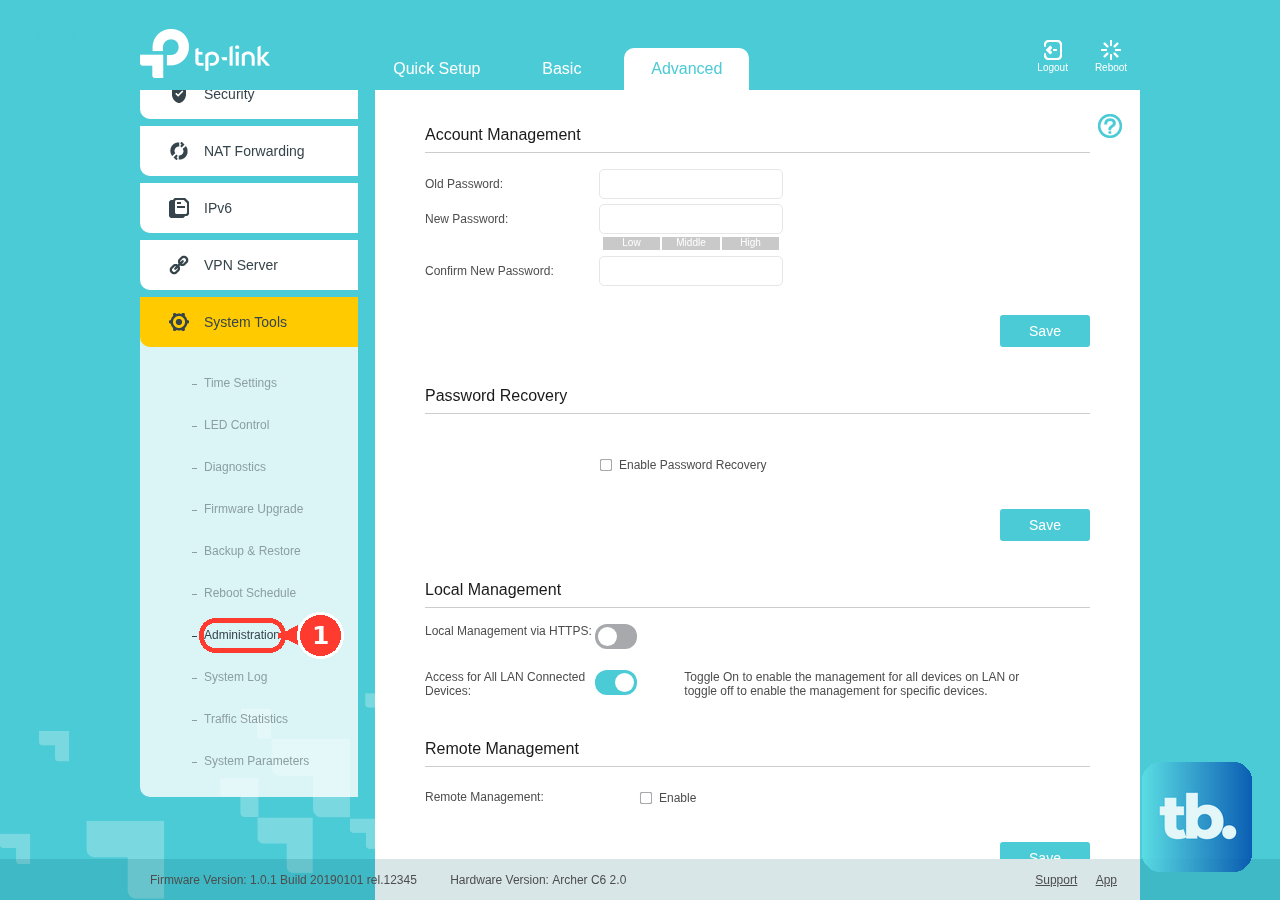 On the TP-Link router page, go to Advanced > System Tools > Administration.