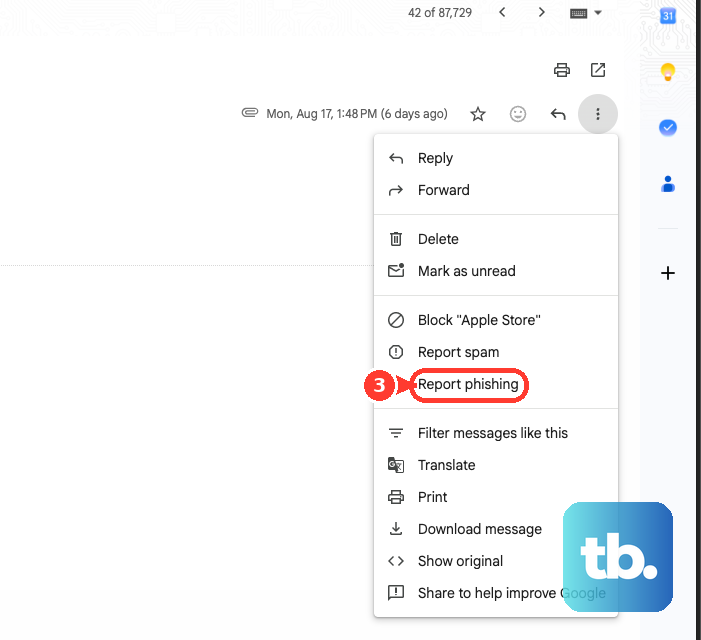 In a Gmail message's More menu, choose Report phishing.
