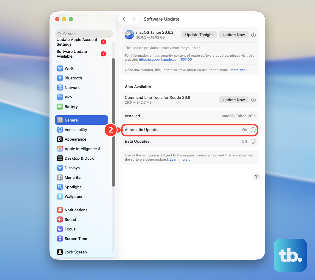In System Settings > General > Software Update, click the Info button next to Automatic Updates.