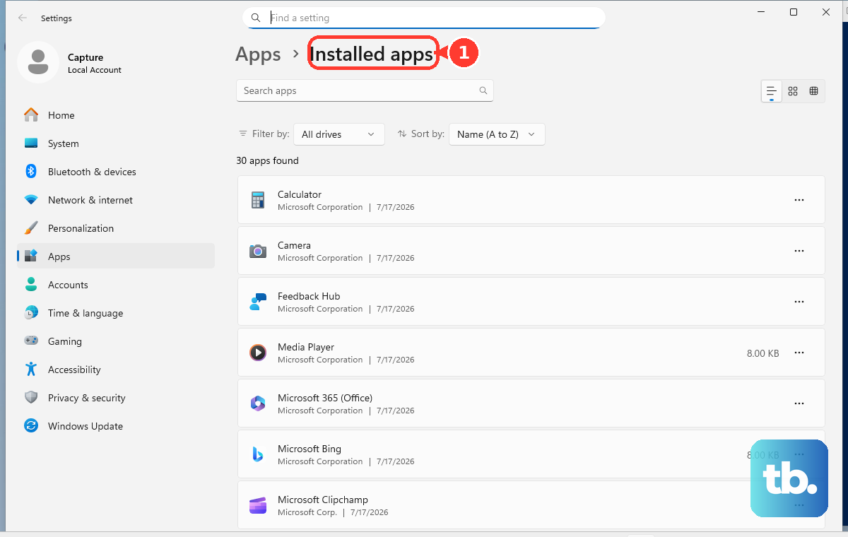 In Windows 11 Settings, open Apps and then Installed apps.