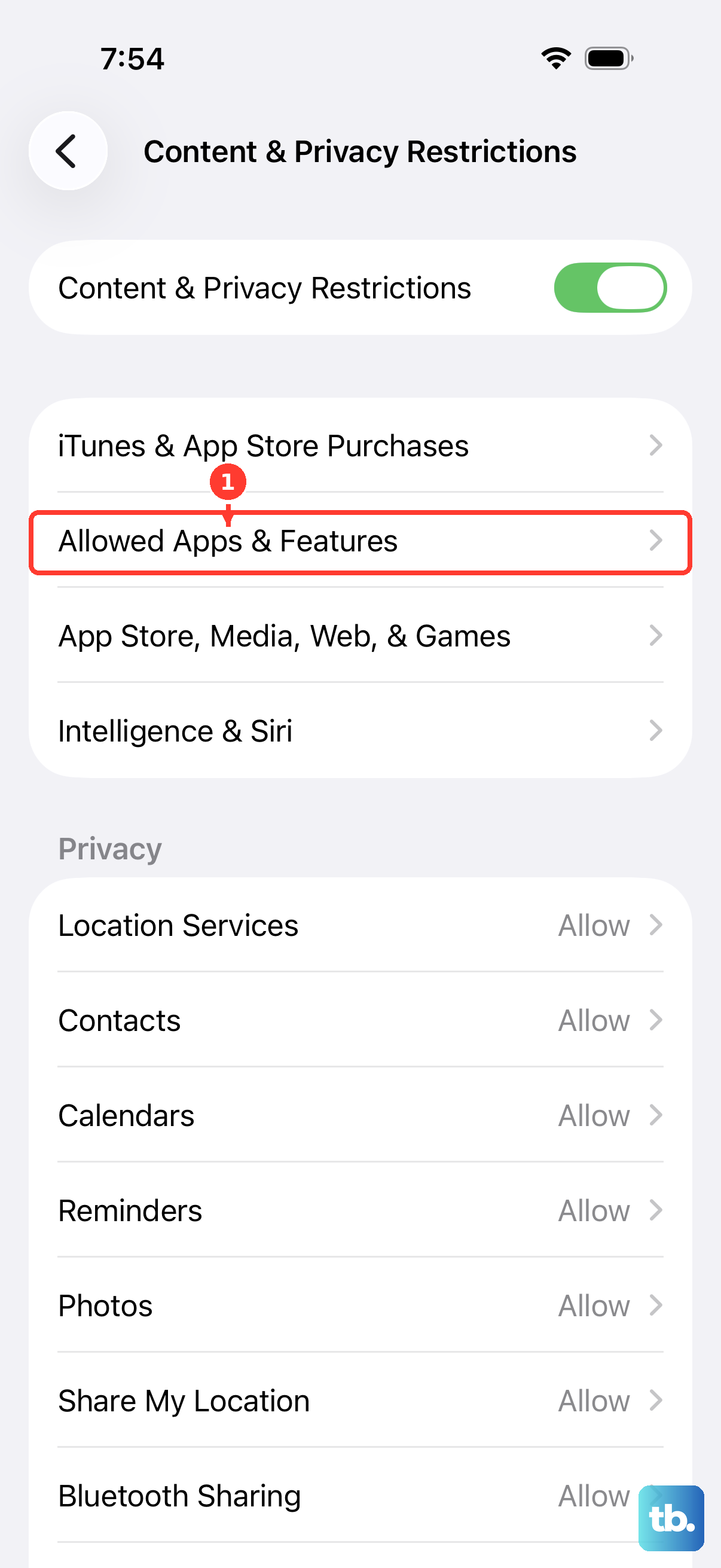 Allowed Apps & Features controls which built-in apps stay available.
