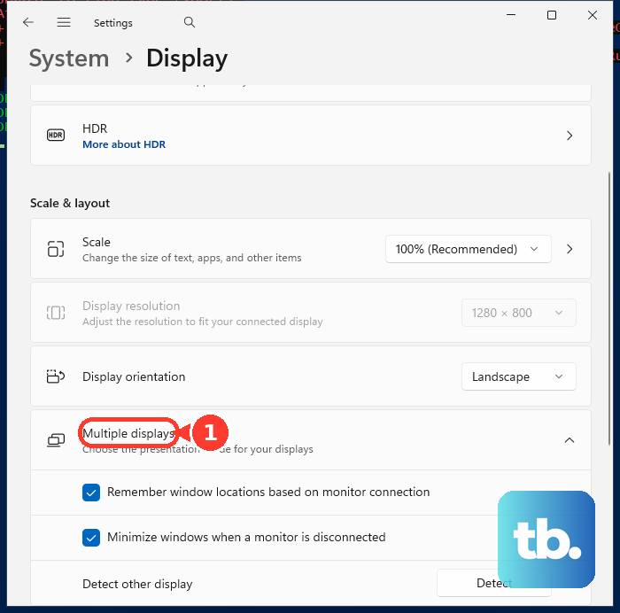 In System and Display, expand Multiple displays for external-display options.
