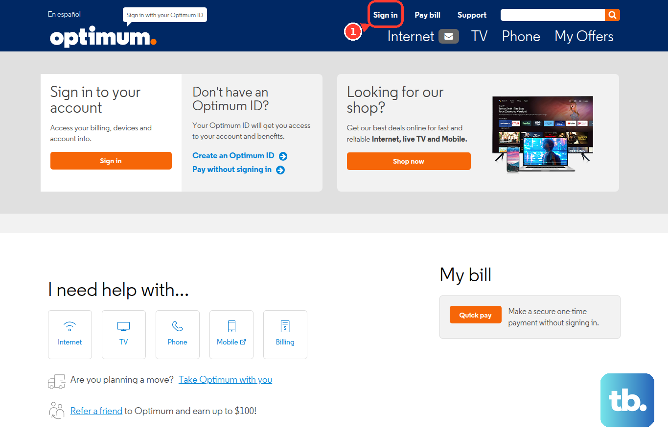 On Optimum's public page, select Sign in to reach account entry.