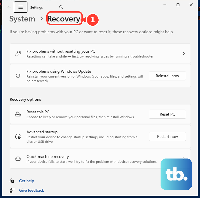 In Windows Settings, open System and then Recovery.