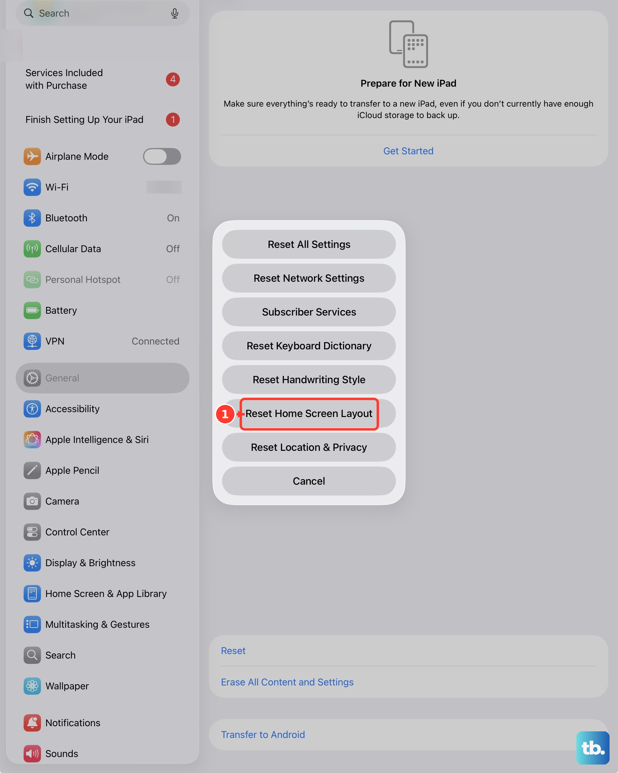 Reset Home Screen Layout puts the iPad Home Screen back to its default arrangement.