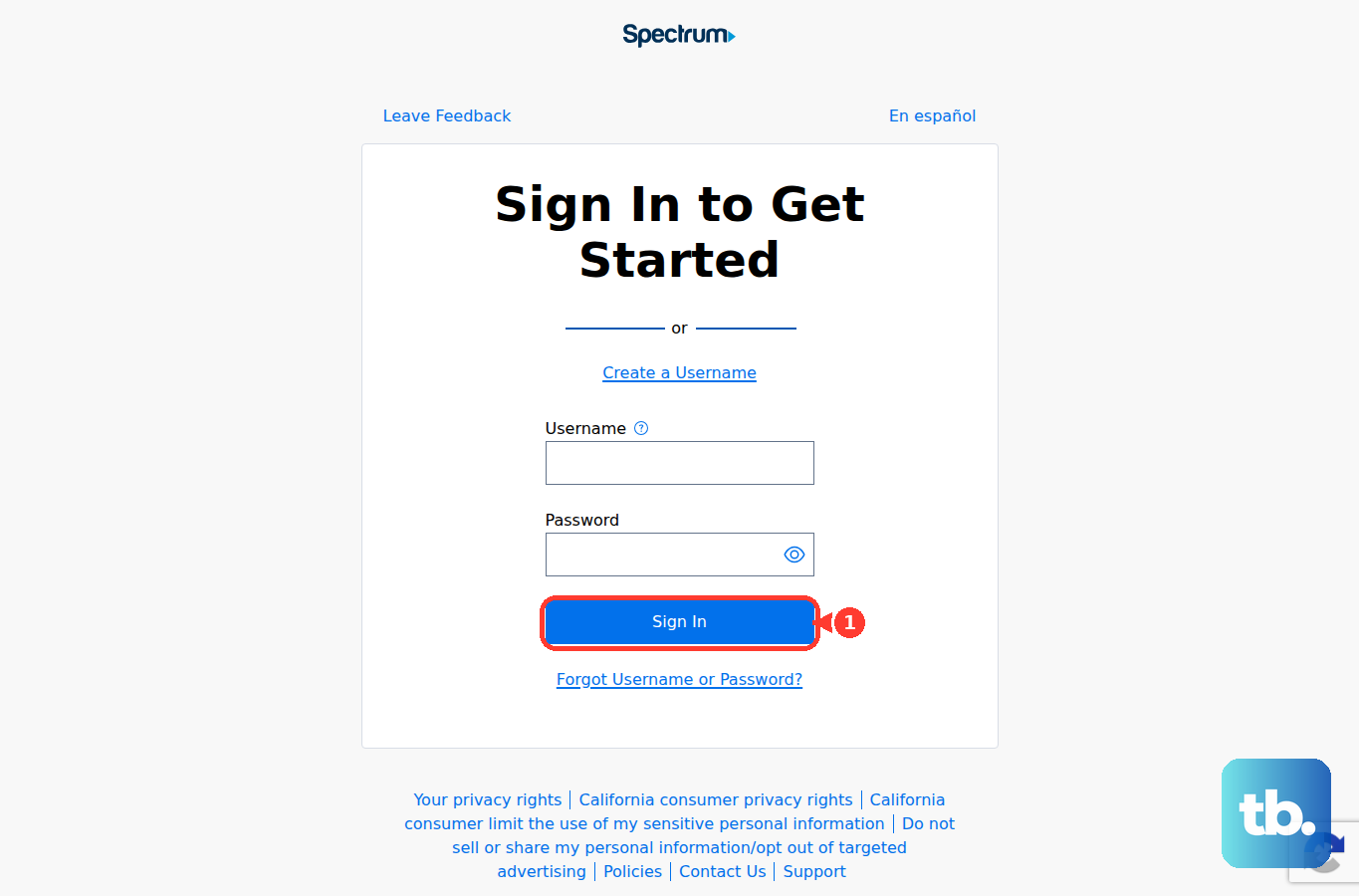 On Spectrum's public sign-in page, use Sign In after entering the Spectrum account details.