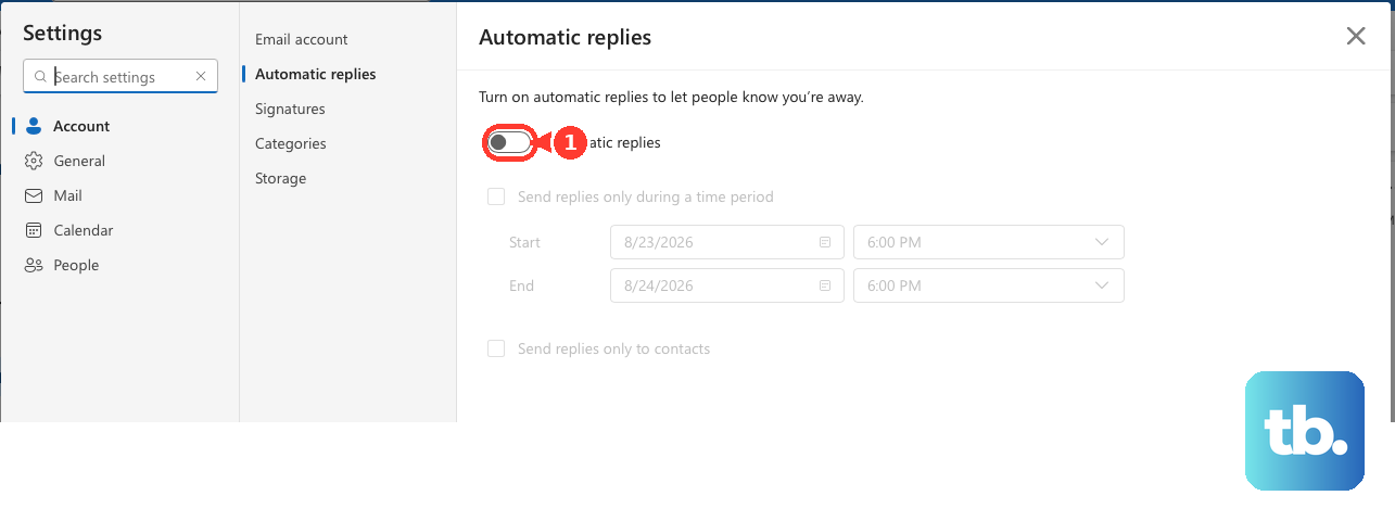 In Outlook Settings under Accounts, turn on Automatic replies.
