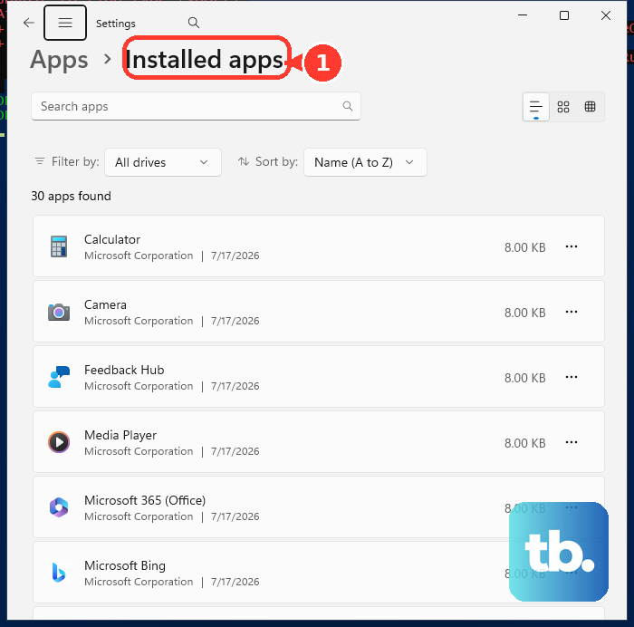 In Windows Settings, open Apps and then Installed apps.