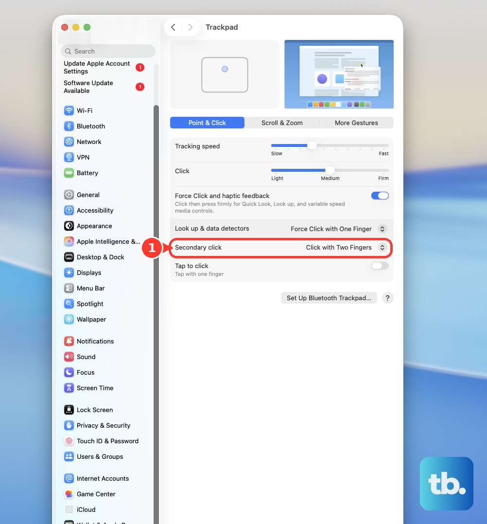 In System Settings > Trackpad > Point & Click, open the Secondary click menu to choose how you right-click.