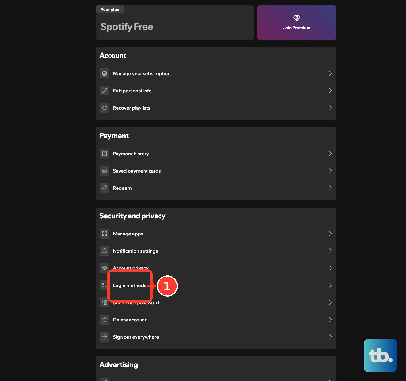 Login methods is under Security and privacy on the account overview.