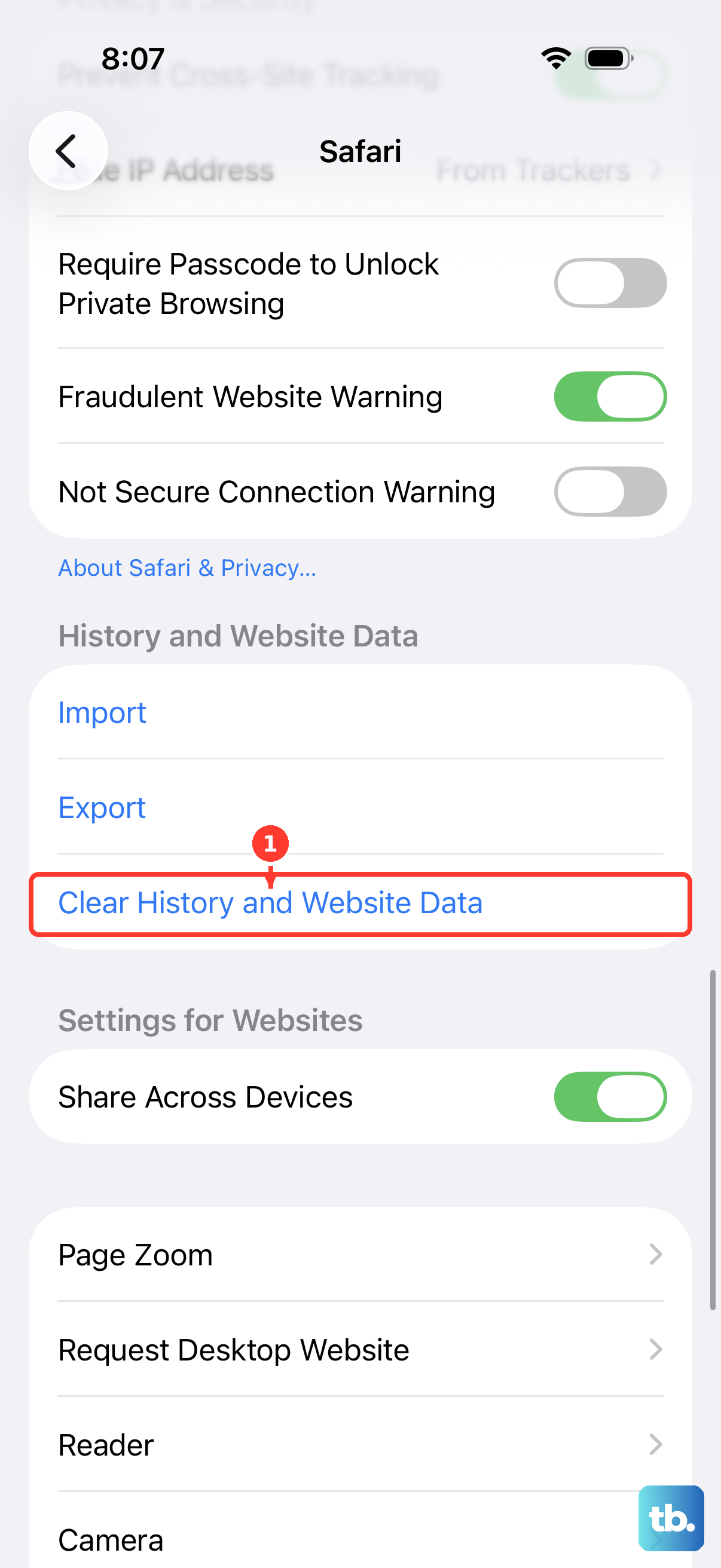 Clear History and Website Data sits in Safari settings.