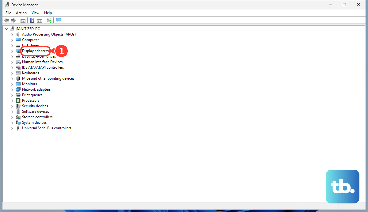 In Device Manager, expand Display adapters before working with a device in that category.
