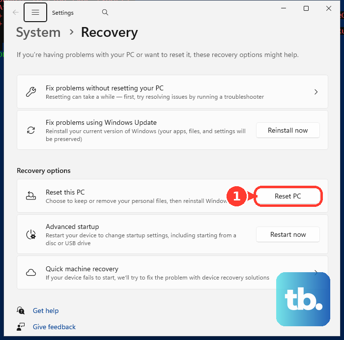 On the Recovery page, select Reset PC only when you are ready to begin the reset flow.
