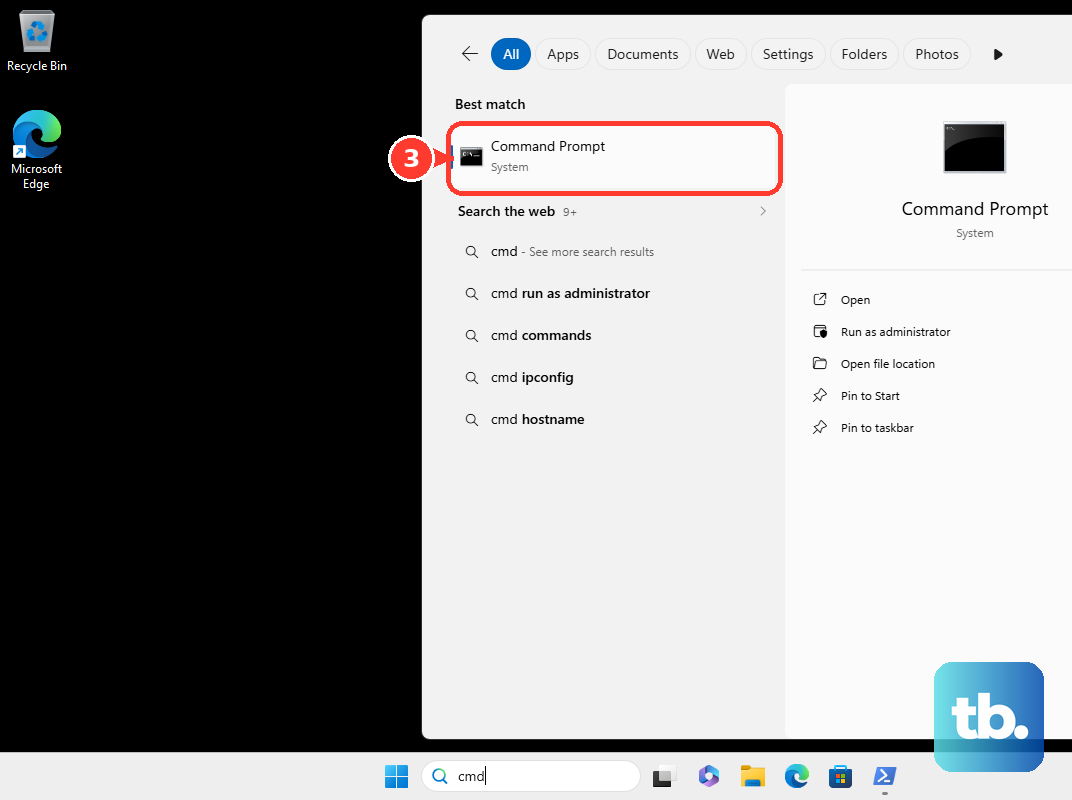 Open Command Prompt from the Start menu search.