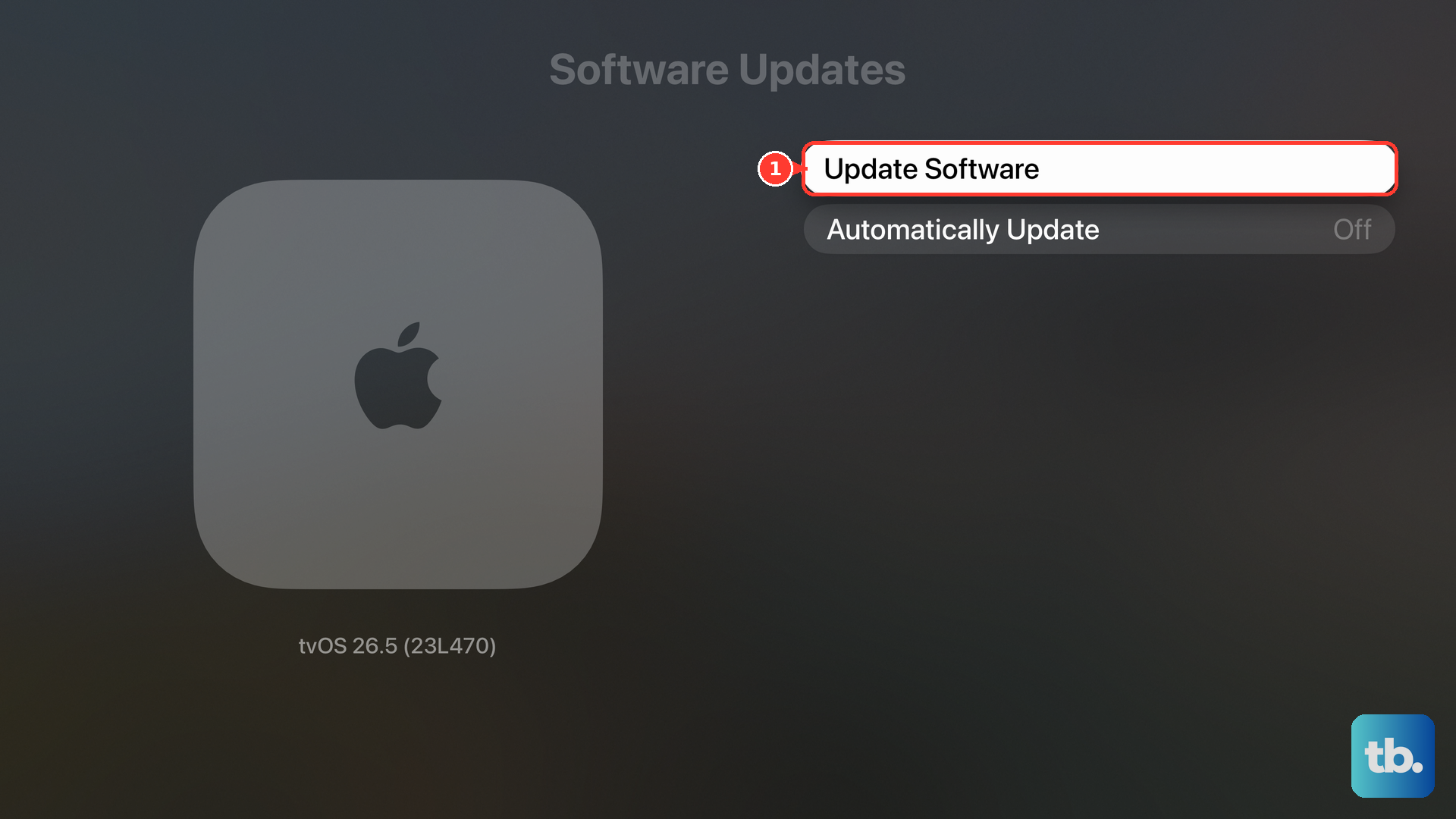 In Settings > System > Software Updates, select Update Software to install an available tvOS update.