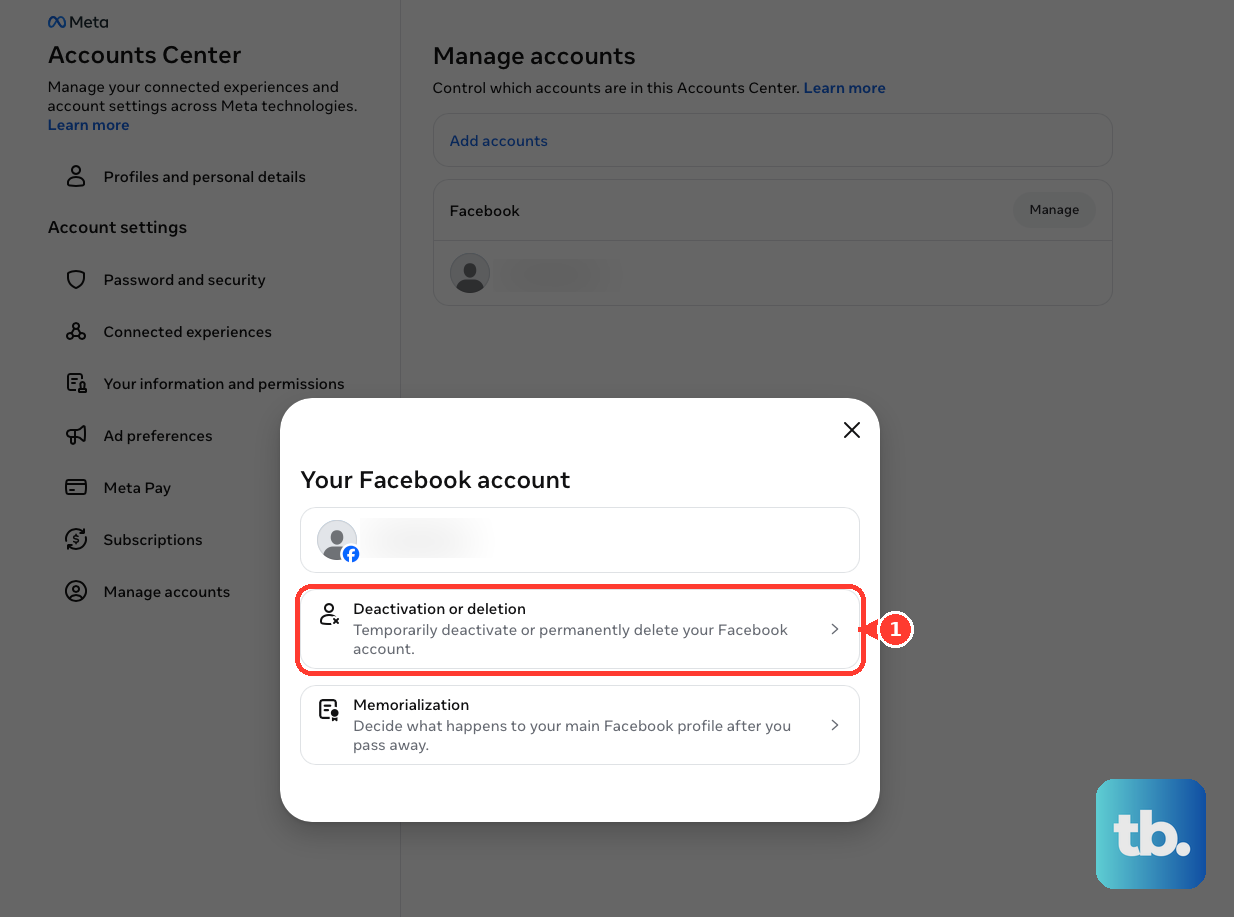 For the selected Facebook profile in Accounts Center, open Deactivation or deletion.