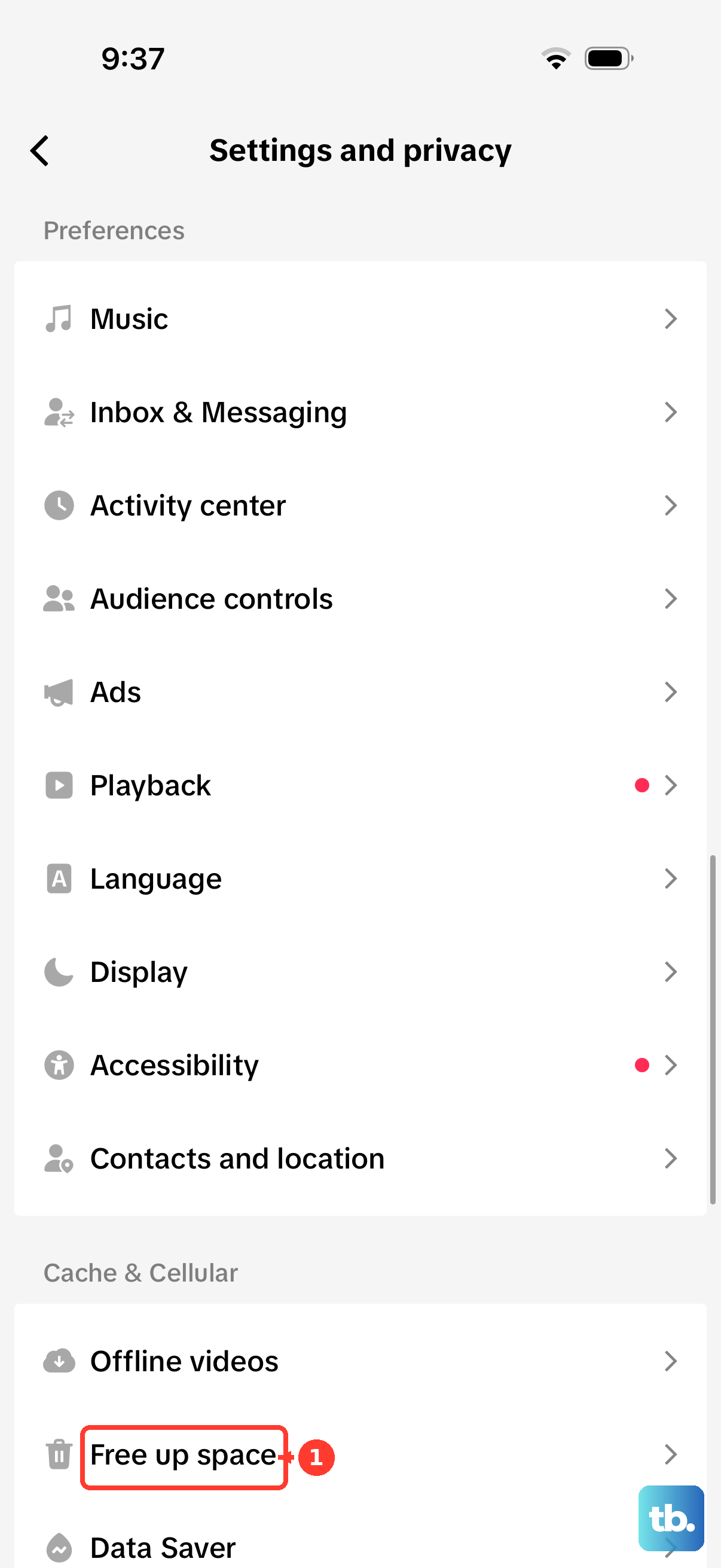 Free up space is under Cache & Cellular in Settings and privacy.