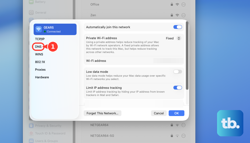 In the Wi-Fi details window for your network (System Settings > Wi-Fi > Details), click DNS to view or change the DNS servers.