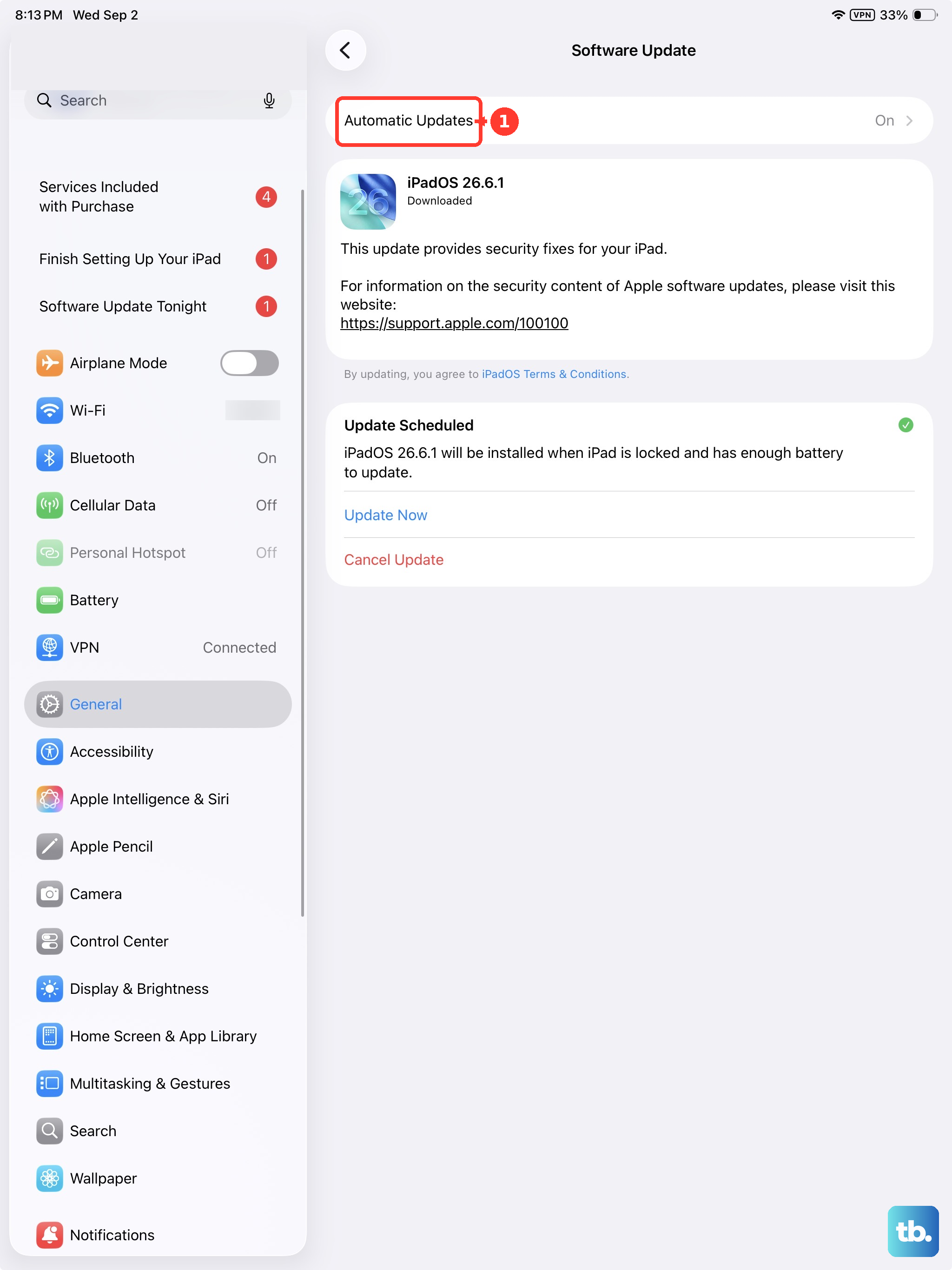 Automatic Updates sits at the top of the iPad Software Update pane.
