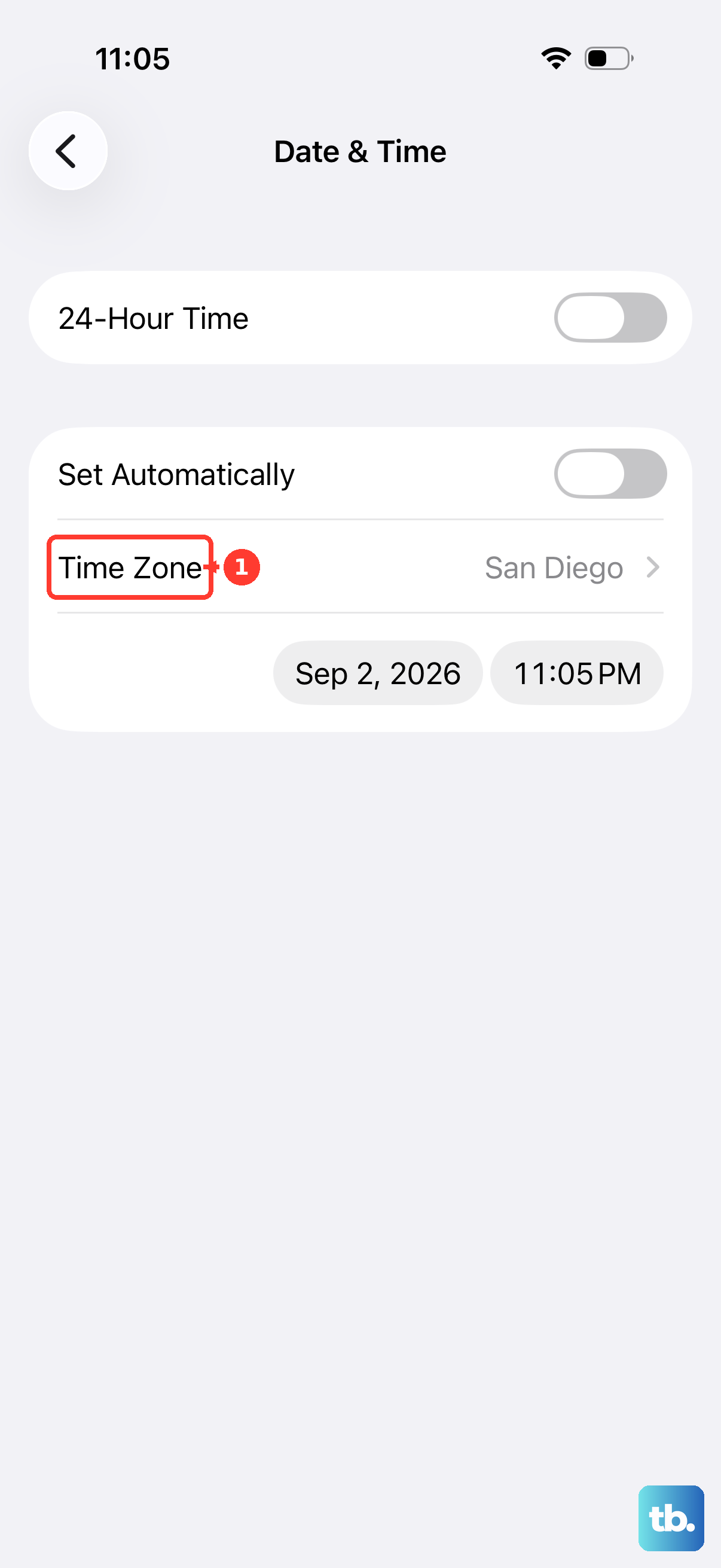Time Zone sits under Set Automatically on the Date & Time pane.