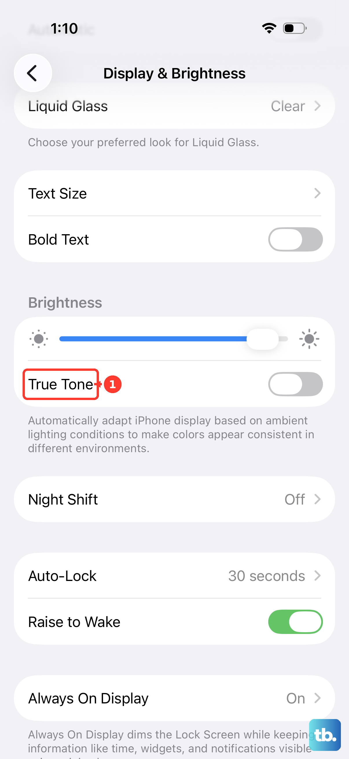 True Tone is the switch under the Brightness slider in Display & Brightness.