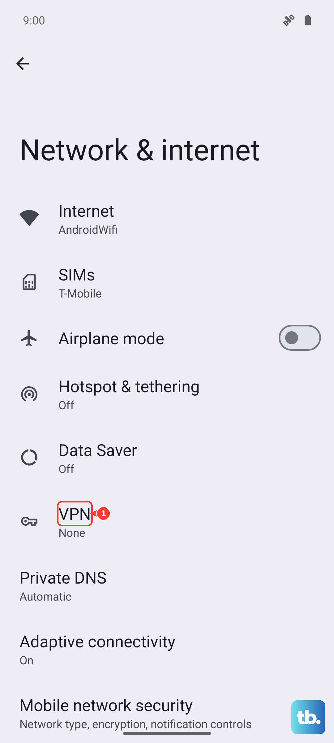 Under Network & internet, tap VPN (Android 16, Pixel emulator).