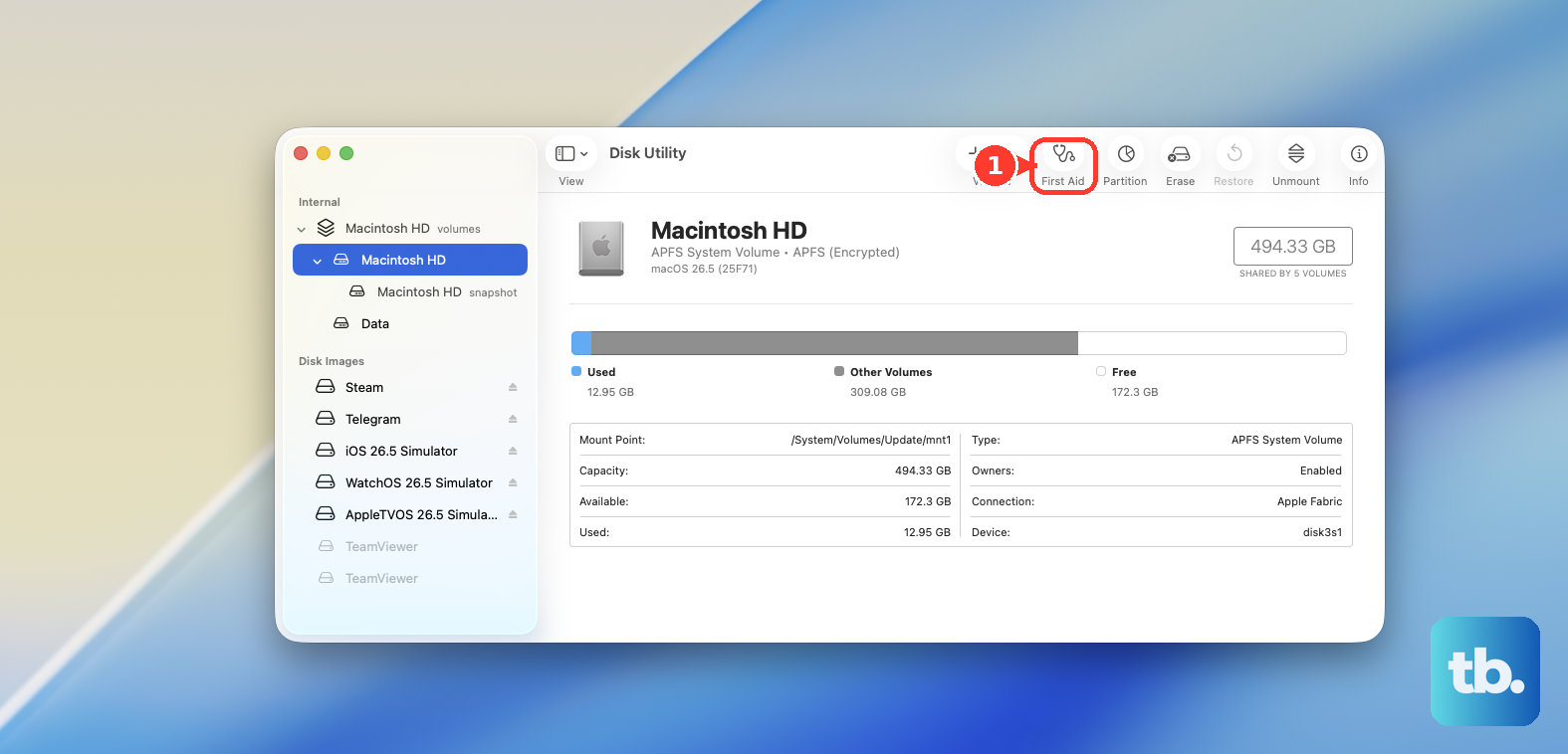 In Disk Utility, select Macintosh HD or the volume you want to check in the sidebar, then click First Aid.