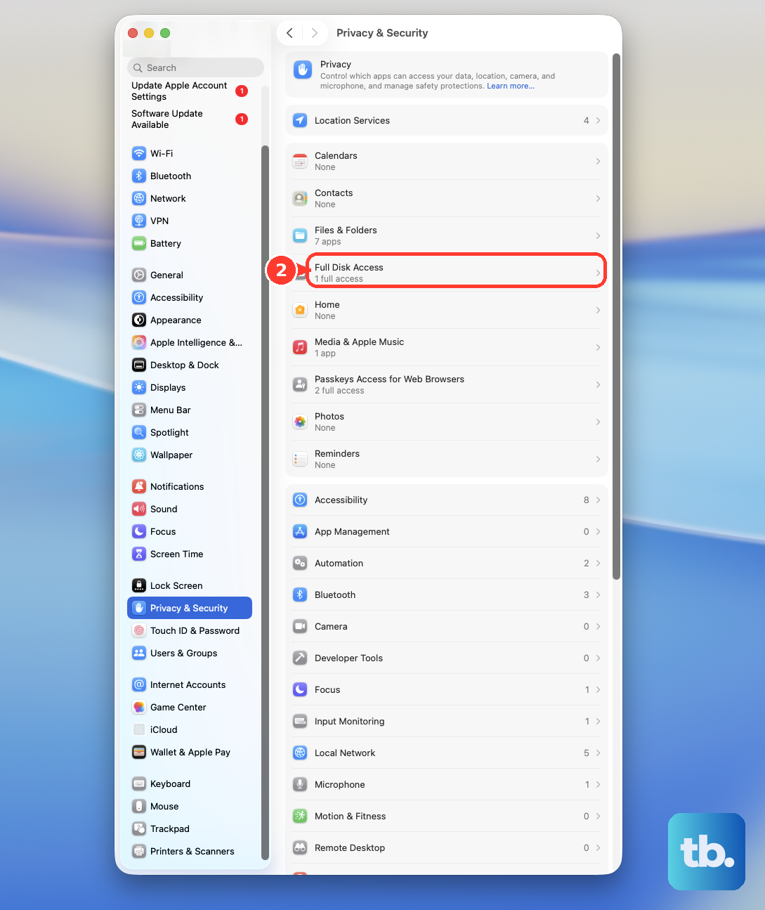 In System Settings > Privacy & Security, click Full Disk Access.