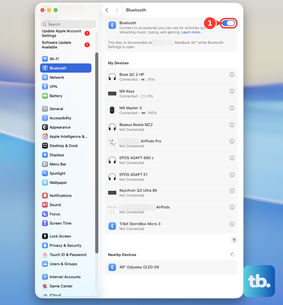 In System Settings > Bluetooth, use the Bluetooth switch to turn Bluetooth off and back on.