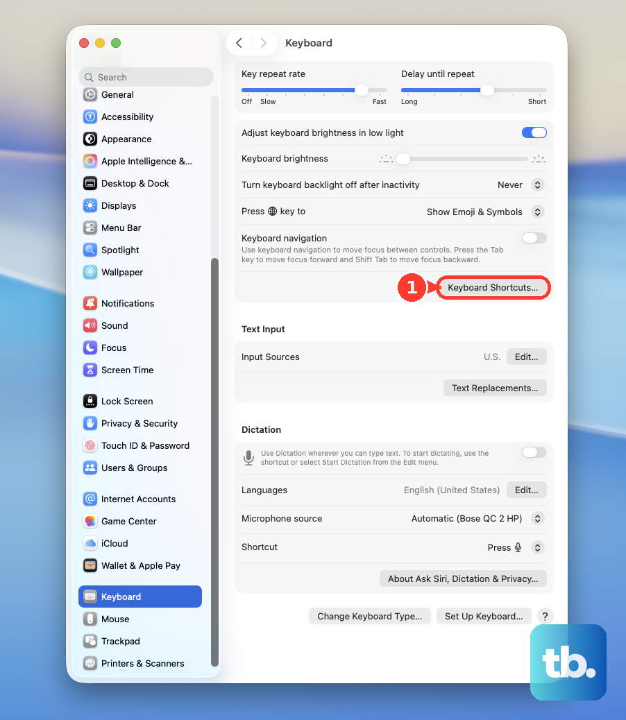 In System Settings > Keyboard, click Keyboard Shortcuts…